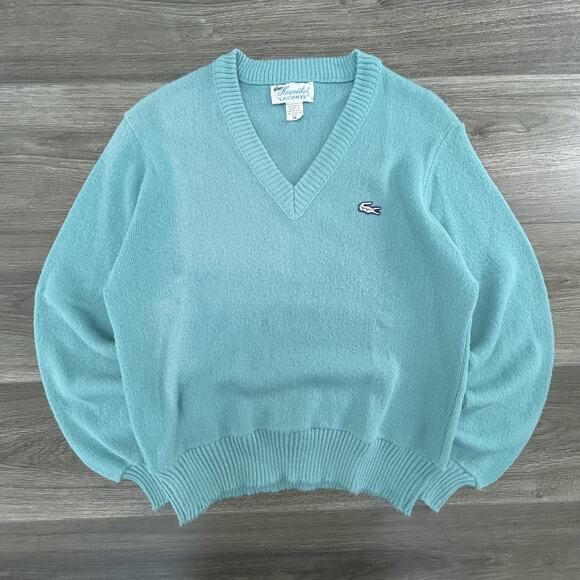 Vintage 60s Haymaker Lacoste Sweater Mens Medium Aqua Baby Blue V-Neck Preppy - Picture 1 of 7